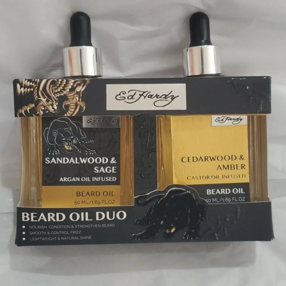 Ed Hardy Sandalwood & Sage Cedarwood‎ & Amber beard oil duo set brand new